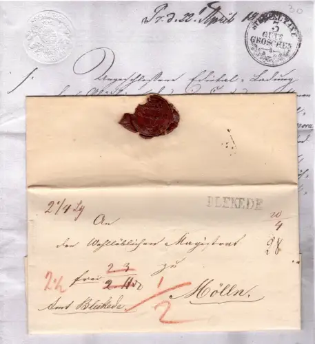 Hannover 1841, L1 Blekede auf Porto Brief n. Mölln in Holstein