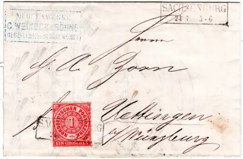 NDP 1868, R2 Sachsenburg auf Firmen Brief v. Oldisleben m. 1 SGr.