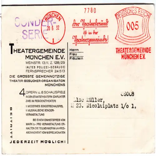 DR 1932, Theatergemeinde München AFS auf Vordruckkarte