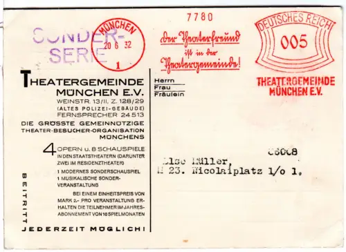 DR 1932, Theatergemeinde München AFS auf Vordruckkarte