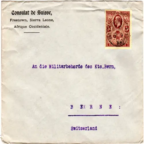 Sierra Leone 1926, 3d auf Umschlag Consulat de Suisse Freetown n. Bern Schweiz