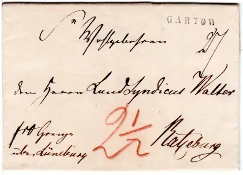 Hannover 1839, L1 Gartow klar auf Greuzfranko Brief n. Schleswig-Holstein