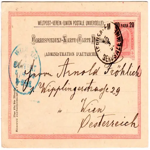 Österreich Post Levante 1893, K1 Jerusalem Gerusalemme auf 20 P. Ganzsache