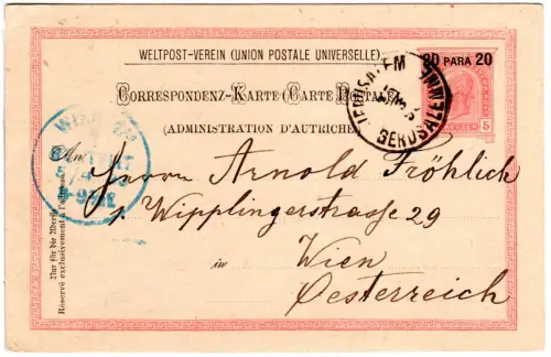 Österreich Post Levante 1893, K1 Jerusalem Gerusalemme auf 20 P. Ganzsache