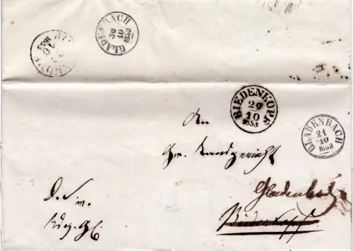 Taxis 1853, K1 Gladenbach u. Biedenkopf je klar auf Nachsende Brief