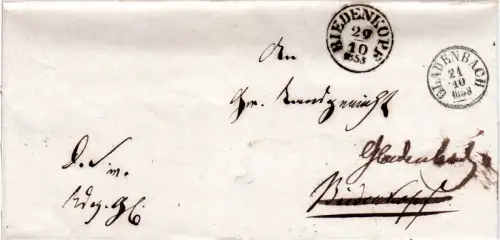 Taxis 1853, K1 Gladenbach u. Biedenkopf je klar auf Nachsende Brief