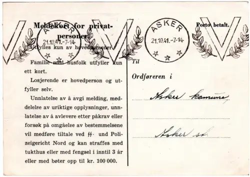 Norwegen 1941, Asker V Propaganda Maschinenstempel auf portofreier Meldekarte