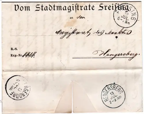 Bayern 1883, K1 Freising auf Magistrats Brief m. Unterschrift n. Hengersberg