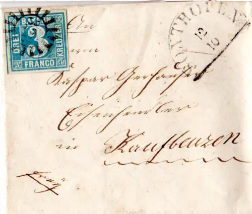 Bayern 1851, breitrandige 3 Kr. auf kl. Brief v. Burgberg m. MR 323 Sonthofen