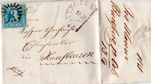 Bayern 1851, breitrandige 3 Kr. auf kl. Brief v. Burgberg m. MR 323 Sonthofen