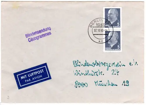 DDR 1990, 2x5 Pf. als Luftpostgebühr auf ansonsten portofreier Blindensendung 