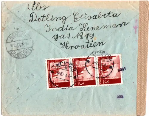 Kroatien 1942, 4+rücks. 3x3 K. auf Einschreiben Brief v. Indjina m. OKW-Zensur