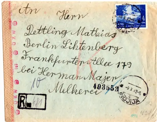 Kroatien 1942, 4+rücks. 3x3 K. auf Einschreiben Brief v. Indjina m. OKW-Zensur