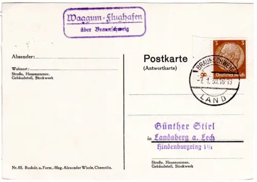 DR 1939, Landpost Stpl. WAGGUM-FLUGHAFEN über Braunschweig auf Karte m. 3 Pf.