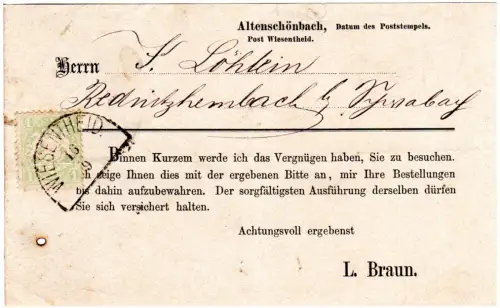 Bayern, 1 Kr. auf Vertreter Avis-Karte v. Altenschönbach m. HKS Wiesentheid