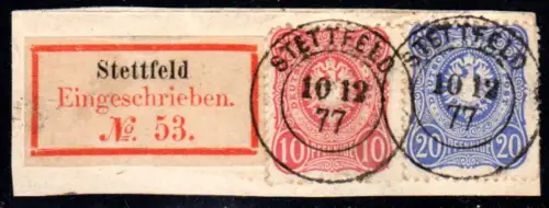 DR 1877, 10+20 Pfge. auf sauberem Reko-Briefstück m. 2 klaren Baden-K2 Stettfeld