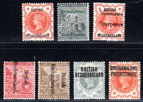 Brit. Bechuanaland, 7 ungebr. alte Marken, teils m. Originalgummi