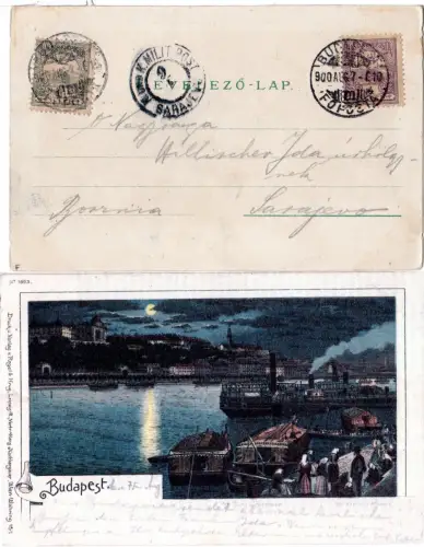 Ungarn, Budapest Monschein-Litho m. Dampfschiffen, 1900 n. Bosnien gebr. AK