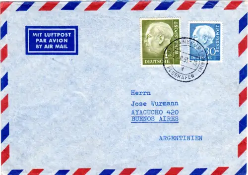 BRD 1955, 1 Mk.+30 Pf. Heuss auf Luftpost Brief v. Frankfurt Main n. Argentinien