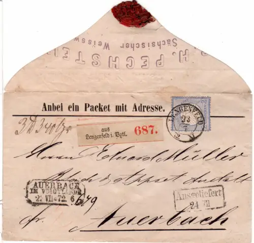 DR 1872, 2 Gr. auf Reklame Umschlag als Paketbrief m. Sachsen-K2 Lengenfeld