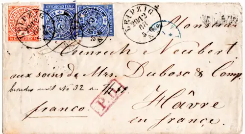 NDP 1868, 1/2+2x2 Gr. auf PD Brief m. Sachsen-K1 Leipzig n. Frankreich