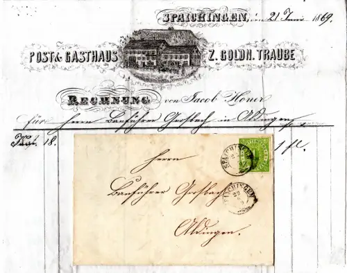 Württemberg 1869, 1 Kr. auf Post & Gasthaus Bilderbrief m. Zier-K2 Spaichingen