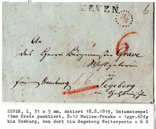 Hannover 1819, L1 Zeven u. Datumstpl. auf Franko/Porto-Brief n. Dänemark