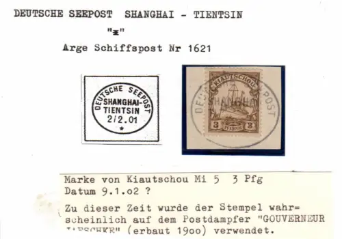 Kiautschou, Dt. Seepost Shanghai-Tientsin 9.1.02 auf sauberem Briefstück m. 3 Pf
