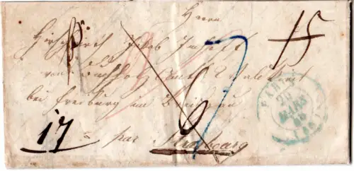 Frankreich 1848, blauer K2 Paris auf Porto Brief nach Freiburg m. Baden Bahnpost