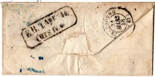 Frankreich 1848, blauer K2 Paris auf Porto Brief nach Freiburg m. Baden Bahnpost
