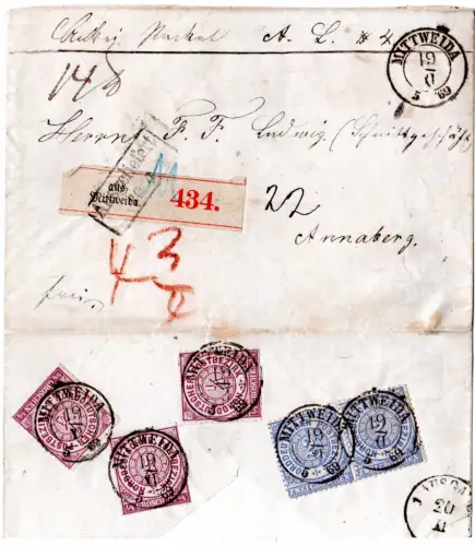 NDP 1869, 3x1/4+Paar 2 Gr. rücks. auf Paketbrief m. Sachsen-K2 Mittweida