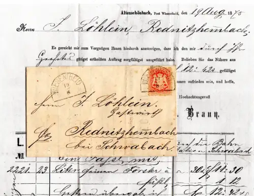 Bayern 1875, 3 Kr. auf Brief v. Altenschönbach m. HKS Wiesentheid