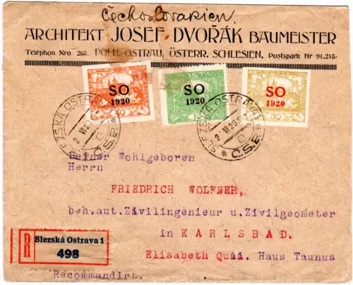 Tschechoslowakei, 3 SO 1920 Marken auf Einschreiben Brief v. Slezska Ostrava