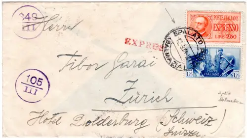 Italien 1941, 1,25+2,50 L. Espresso auf Zensur Brief v. Spalato Dalmazia i.d. CH