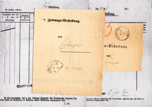 DR 1873, 2 Postformulare Zeitungsbestellung v. Coburg n. Erlangen