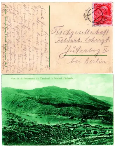 Österreich Levante 1914, 20 Pa. auf AK v. Scutari in Albanien