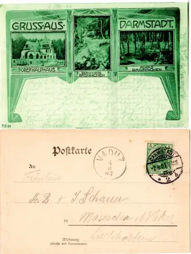 DR 1903, 5 Pf. Germania auf Hotel-Gasthaus sw-AK v. Darmstadt n. Liechtenstein