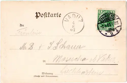 DR 1903, 5 Pf. Germania auf Hotel-Gasthaus sw-AK v. Darmstadt n. Liechtenstein