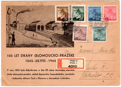 Tschechoslowakei 1945, 6 Marken auf Eisenbahn Jubiläum Reko-Brief v. Prag