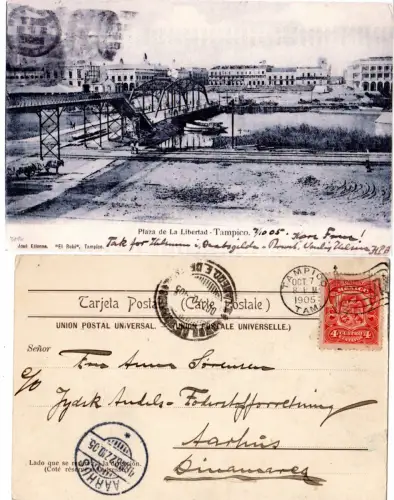 Mexiko 1905, 4 C. auf Plaza de la Libertad sw-AK v. Tampico n. Dänemark.
