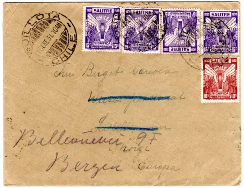 Chile 1931, 10+4x15 C. Salpeter auf Brief v. Quillota n. Norwegen