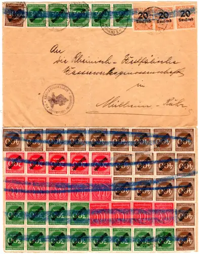 DR 1923, Dienst Massenfrankatur, portorichtiger Brief v. Oberhausen n. Mülheim