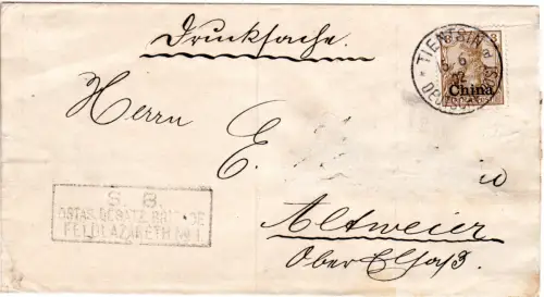 DP China 1902, 3 Pf. auf Drucksache Streifband v. Tientsin a n. Altweier Elsass