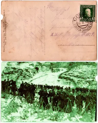 Bosnien 1913, K.u.K. Bahnpost II Gravosa-Sarajevo 110 auf AK m. 5 H.