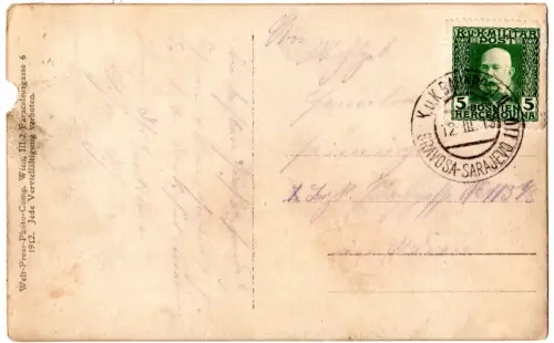 Bosnien 1913, K.u.K. Bahnpost II Gravosa-Sarajevo 110 auf AK m. 5 H.