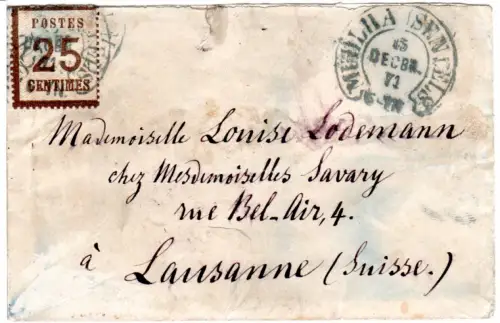 NDP Okkupation 1871, 25 C. auf kl. Brief m. Hufeisenstpl. Mülhausen i.d. Schweiz