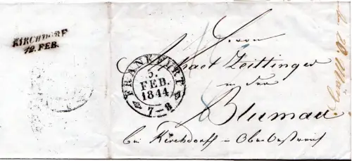 Taxis 1844, Porto Brief v. Frankfurt n. Blumau bei Kirchdorf, Österreich. 
