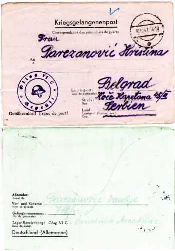 DR 1941, KGF POW Brief v. Offiziers-Lager Osnabrück-Eversheide n. Serbien
