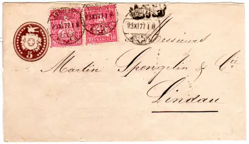 Schweiz 1877, L1 VEVEY auf Tübli Umschlag m. Zusatzfr. u. Stpl. Bahnpost No.3