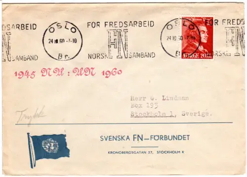 Norwegen 1960, 20 öre auf Schweden UNO Umschlag m. Oslo Maschinen Werbestpl. 